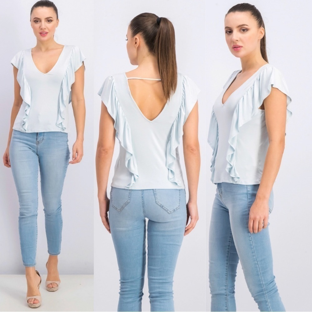 Willow & Clay Women Casual Deep V-Neck Ruffle Sleeve Blouse Top Blue Size Small